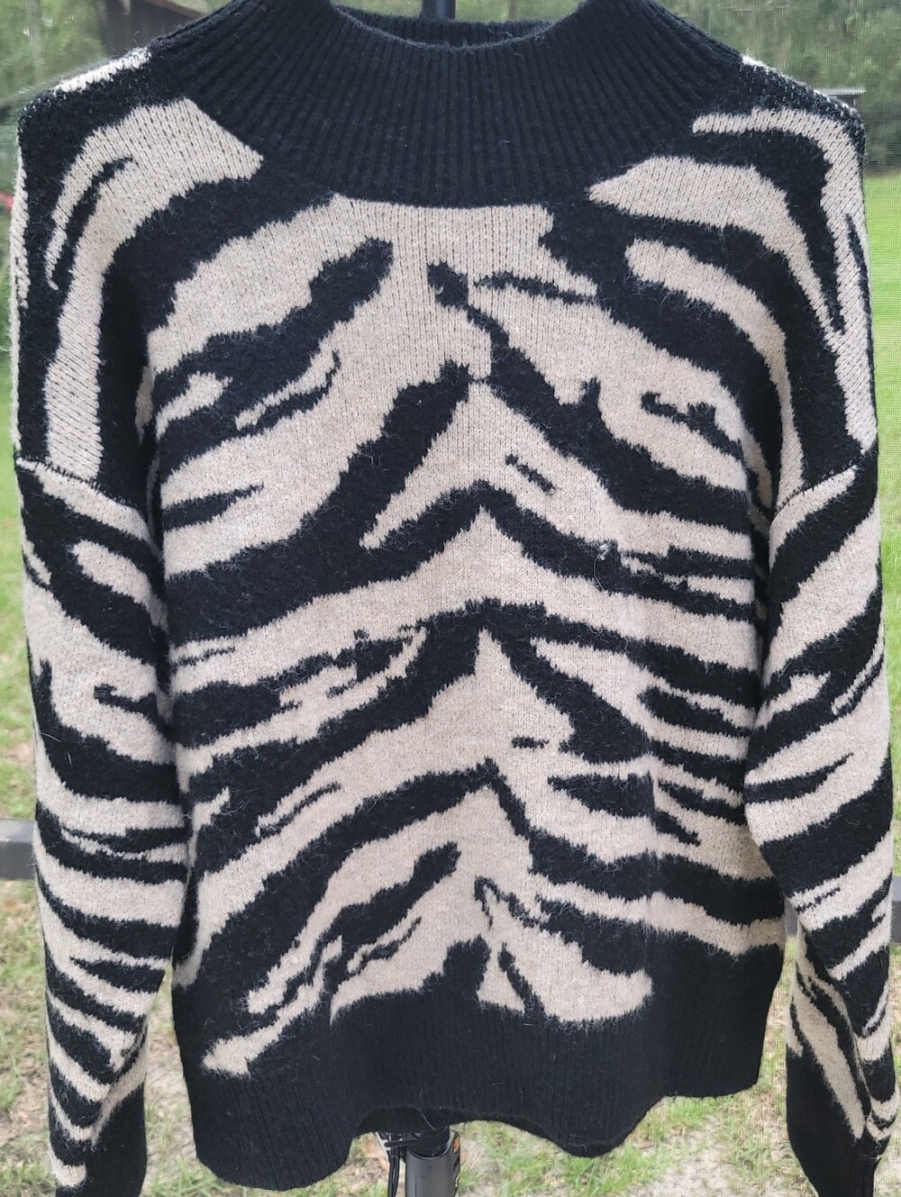 Miss Me Womens M Zebra Sweater Black Beige Animal Print Mock Neck Y2K